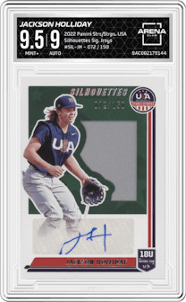 Jackson Holliday from the 2022 Panini USA Baseball Stars & Stripes set graded by Arena Club and given an overall grade of 9.5.