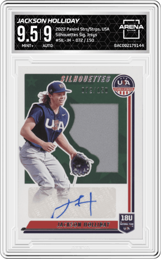 Jackson Holliday from the 2022 Panini USA Baseball Stars & Stripes set graded by Arena Club and given an overall grade of 9.5.