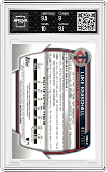 Luke Keaschall from the 2023 Bowman Draft set featuring a Blue Wave Refractor parallel graded by Arena Club and given an overall grade of 9.5.