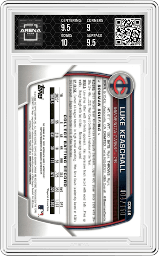 Luke Keaschall from the 2023 Bowman Draft set featuring a Blue Wave Refractor parallel graded by Arena Club and given an overall grade of 9.5.