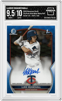 Luke Keaschall from the 2023 Bowman Draft set featuring a Blue Wave Refractor parallel graded by Arena Club and given an overall grade of 9.5.