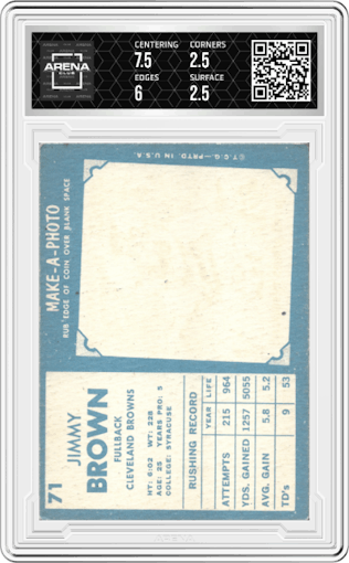 Jim Brown from the 1961 Topps set graded by Arena Club and given an overall grade of 3.