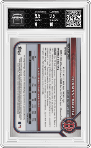 Ceddanne Rafaela from the 2022 Bowman Chrome set featuring a Refractor parallel graded by Arena Club and given an overall grade of 9.5.