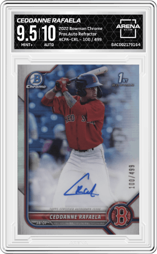 Ceddanne Rafaela from the 2022 Bowman Chrome set featuring a Refractor parallel graded by Arena Club and given an overall grade of 9.5.