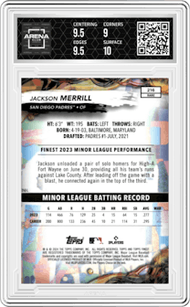Jackson Merrill from the 2024 Topps Finest set featuring a  Purple Checkerboard Refractor  parallel graded by Arena Club and given an overall grade of 9.5.
