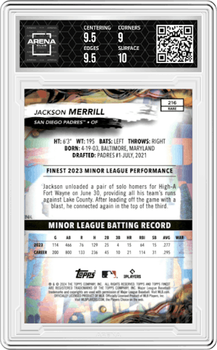 Jackson Merrill from the 2024 Topps Finest set featuring a  Purple Checkerboard Refractor  parallel graded by Arena Club and given an overall grade of 9.5.