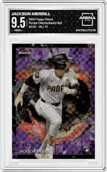Jackson Merrill from the 2024 Topps Finest set featuring a  Purple Checkerboard Refractor  parallel graded by Arena Club and given an overall grade of 9.5.