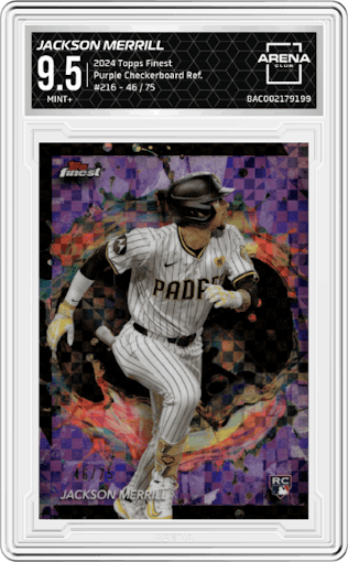 Jackson Merrill from the 2024 Topps Finest set featuring a  Purple Checkerboard Refractor  parallel graded by Arena Club and given an overall grade of 9.5.