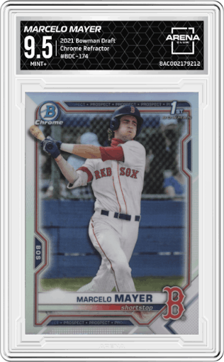 Marcelo Mayer from the 2021 Bowman Draft set featuring a Refractor parallel graded by Arena Club and given an overall grade of 9.5.