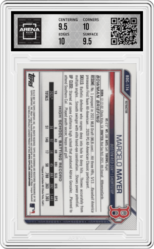 Marcelo Mayer from the 2021 Bowman Draft set featuring a Refractor parallel graded by Arena Club and given an overall grade of 10.