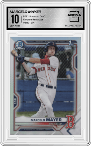 Marcelo Mayer from the 2021 Bowman Draft set featuring a Refractor parallel graded by Arena Club and given an overall grade of 10.