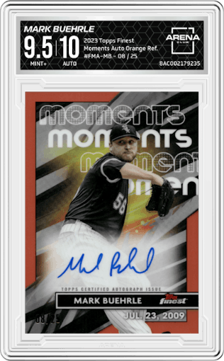 Mark Buehrle from the 2023 Topps Finest set featuring a Orange Refractor parallel graded by Arena Club and given an overall grade of 9.5.
