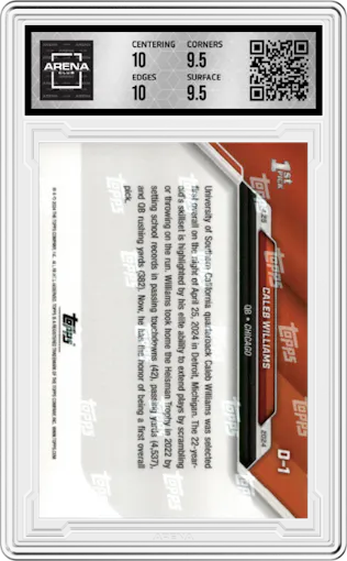 Caleb Williams from the 2024 Topps Now set graded by Arena Club and given an overall grade of 10.