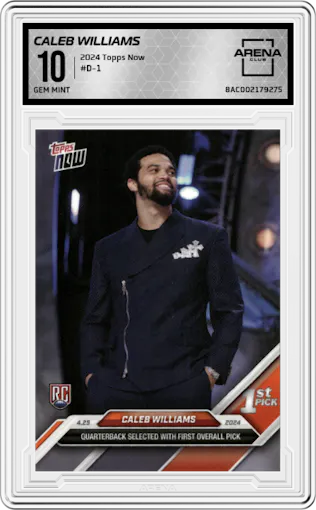 Caleb Williams from the 2024 Topps Now set graded by Arena Club and given an overall grade of 10.