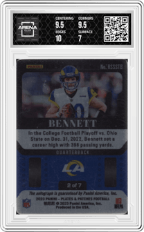 Stetson Bennett from the 2023 Panini Plates & Patches set featuring a Lava Drip parallel graded by Arena Club and given an overall grade of 7.5.