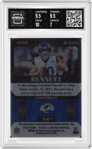 Stetson Bennett from the 2023 Panini Plates & Patches set featuring a Lava Drip parallel graded by Arena Club and given an overall grade of 7.5.