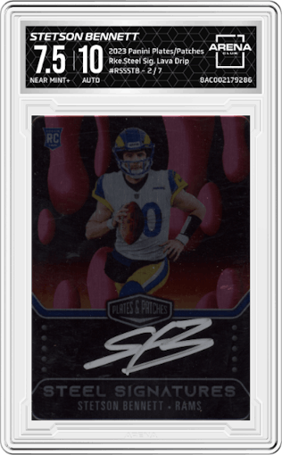Stetson Bennett from the 2023 Panini Plates & Patches set featuring a Lava Drip parallel graded by Arena Club and given an overall grade of 7.5.