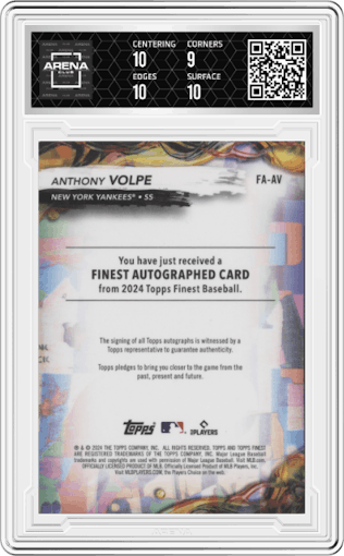 Anthony Volpe from the 2024 Topps Finest set featuring a Gold Refractor parallel graded by Arena Club and given an overall grade of 9.5.