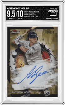 Anthony Volpe from the 2024 Topps Finest set featuring a Gold Refractor parallel graded by Arena Club and given an overall grade of 9.5.