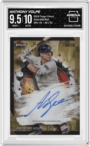 Anthony Volpe from the 2024 Topps Finest set featuring a Gold Refractor parallel graded by Arena Club and given an overall grade of 9.5.
