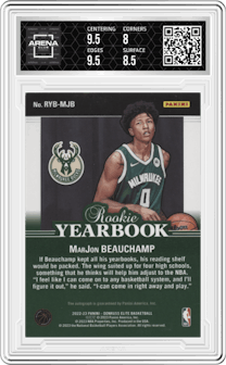 MarJon Beauchamp from the 2022-23 Donruss Elite set featuring a Asia Red/Green parallel graded by Arena Club and given an overall grade of 8.5.