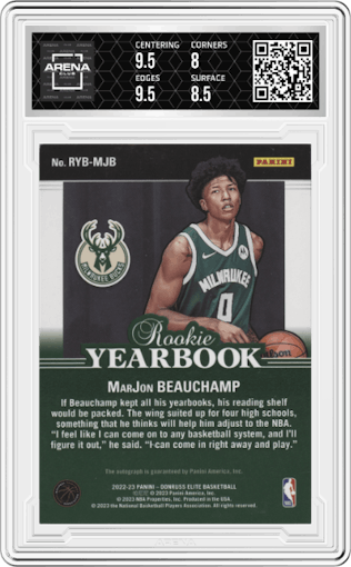 MarJon Beauchamp from the 2022-23 Donruss Elite set featuring a Asia Red/Green parallel graded by Arena Club and given an overall grade of 8.5.