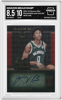 MarJon Beauchamp from the 2022-23 Donruss Elite set featuring a Asia Red/Green parallel graded by Arena Club and given an overall grade of 8.5.