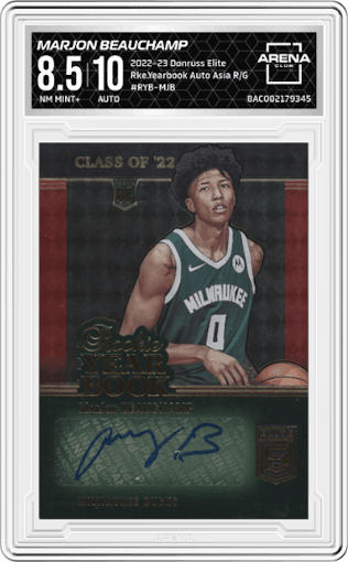 MarJon Beauchamp from the 2022-23 Donruss Elite set featuring a Asia Red/Green parallel graded by Arena Club and given an overall grade of 8.5.