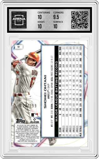 Shohei Ohtani from the 2023 Topps Cosmic Chrome set featuring a Aqua Equinox Refractor parallel graded by Arena Club and given an overall grade of 10.