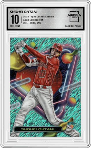 Shohei Ohtani from the 2023 Topps Cosmic Chrome set featuring a Aqua Equinox Refractor parallel graded by Arena Club and given an overall grade of 10.