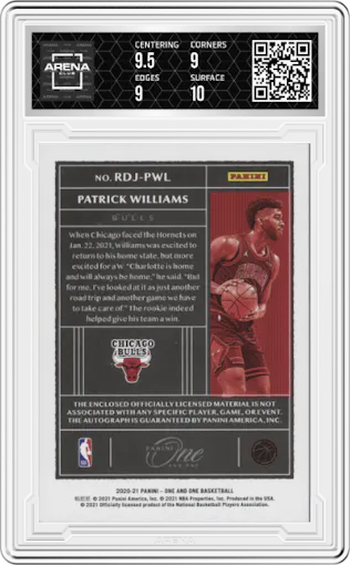Patrick Williams from the 2020-21 Panini One and One set graded by Arena Club and given an overall grade of 9.5.