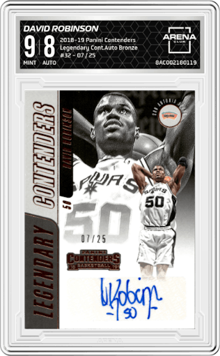 David Robinson from the 2018-19 Panini Contenders set featuring a Bronze parallel graded by Arena Club and given an overall grade of 9.