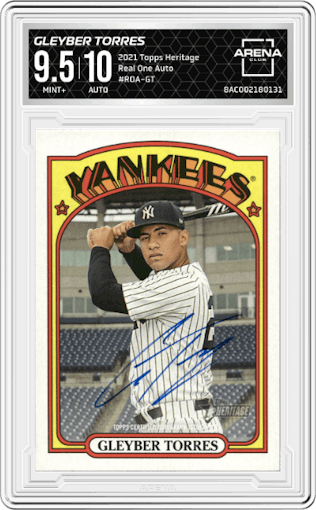 Gleyber Torres from the 2021 Topps Heritage set graded by Arena Club and given an overall grade of 9.5.