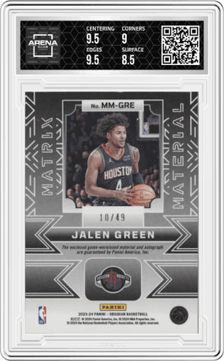 Jalen Green from the 2023-24 Panini Obsidian set featuring a Electric Etch Orange Flood parallel graded by Arena Club and given an overall grade of 9.