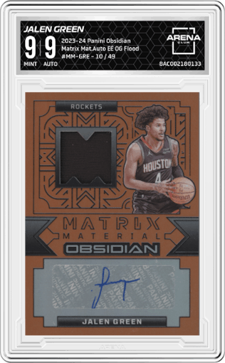 Jalen Green from the 2023-24 Panini Obsidian set featuring a Electric Etch Orange Flood parallel graded by Arena Club and given an overall grade of 9.