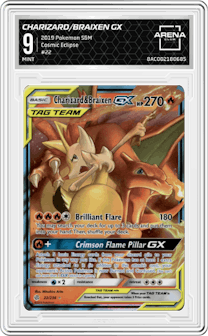 Charizard/Braixen GX from the 2019 Pokemon S&M  set graded by Arena Club and given an overall grade of 9.