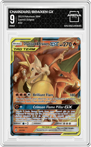 Charizard/Braixen GX from the 2019 Pokemon S&M  set graded by Arena Club and given an overall grade of 9.