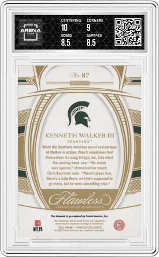Kenneth Walker III  from the 2023 Panini Flawless Collegiate set graded by Arena Club and given an overall grade of 9.