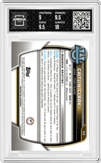 Caitlin Clark from the 2022-23 Bowman University Chrome set featuring a Purple Shimmer  parallel graded by Arena Club and given an overall grade of 9.5.