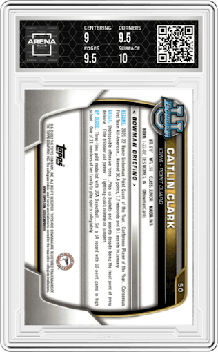 Caitlin Clark from the 2022-23 Bowman University Chrome set featuring a Purple Shimmer  parallel graded by Arena Club and given an overall grade of 9.5.