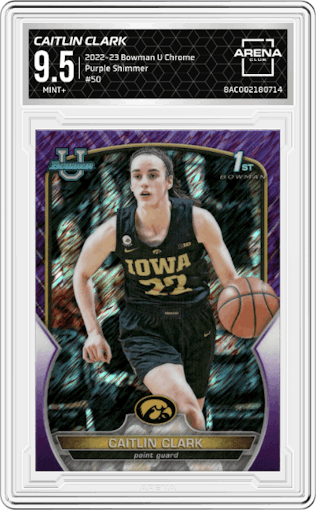 Caitlin Clark from the 2022-23 Bowman University Chrome set featuring a Purple Shimmer  parallel graded by Arena Club and given an overall grade of 9.5.