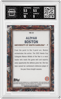 Aliyah Boston from the 2022-23 Bowman University Chrome set graded by Arena Club and given an overall grade of 9.5.