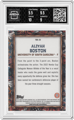 Aliyah Boston from the 2022-23 Bowman University Chrome set graded by Arena Club and given an overall grade of 9.5.