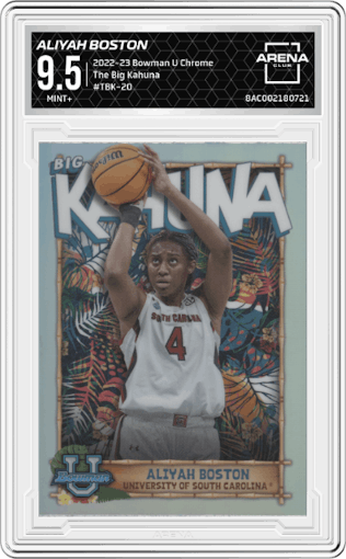 Aliyah Boston from the 2022-23 Bowman University Chrome set graded by Arena Club and given an overall grade of 9.5.