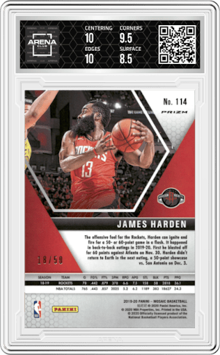 James Harden from the 2019-20 Panini Mosaic  set featuring a Fast Break Purple parallel graded by Arena Club and given an overall grade of 9.