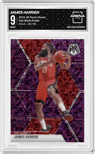 James Harden from the 2019-20 Panini Mosaic  set featuring a Fast Break Purple parallel graded by Arena Club and given an overall grade of 9.