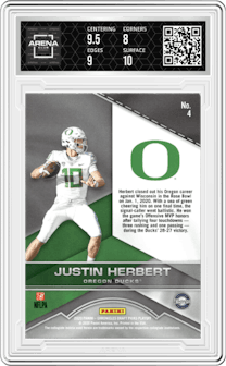 Justin Herbert from the 2020 Panini Chronicles Draft Picks  set graded by Arena Club and given an overall grade of 8.5.