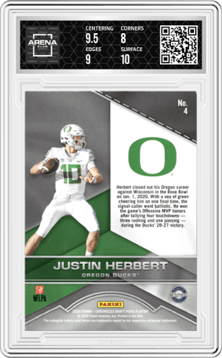 Justin Herbert from the 2020 Panini Chronicles Draft Picks  set graded by Arena Club and given an overall grade of 8.5.