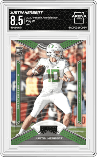 Justin Herbert from the 2020 Panini Chronicles Draft Picks  set graded by Arena Club and given an overall grade of 8.5.