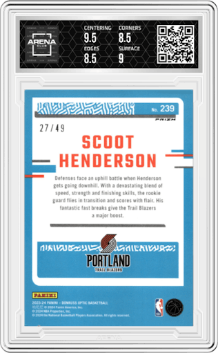 Scoot Henderson from the 2023-24 Donruss Optic set featuring a Fast Break Blue parallel graded by Arena Club and given an overall grade of 9.